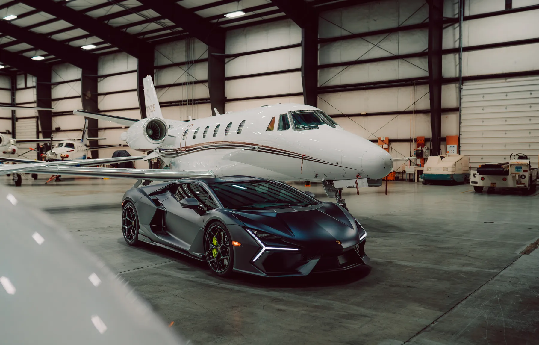 Revuelto parked in a private jet hangar